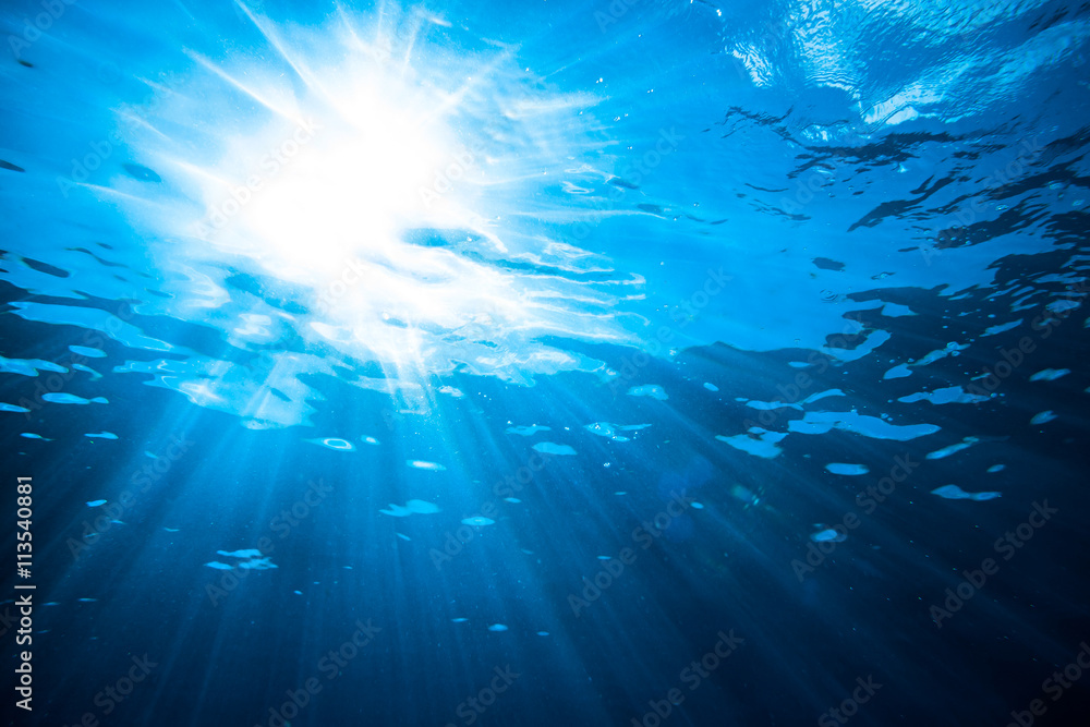 sun and sunbeams shining through the surface of blue ocean water / Sonnenstrahlen und Sonne unterwasser Hintergrund sun and sunbeams shining through the surface of blue ocean water / Sonnenstrahlen und Sonne unterwasser Hintergrund