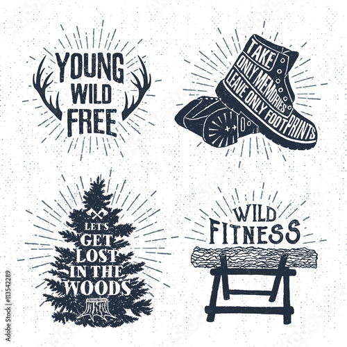 Hand drawn vintage badges set with textured horns, boots, fir tree, and log vector illustrations and inspirational lettering.