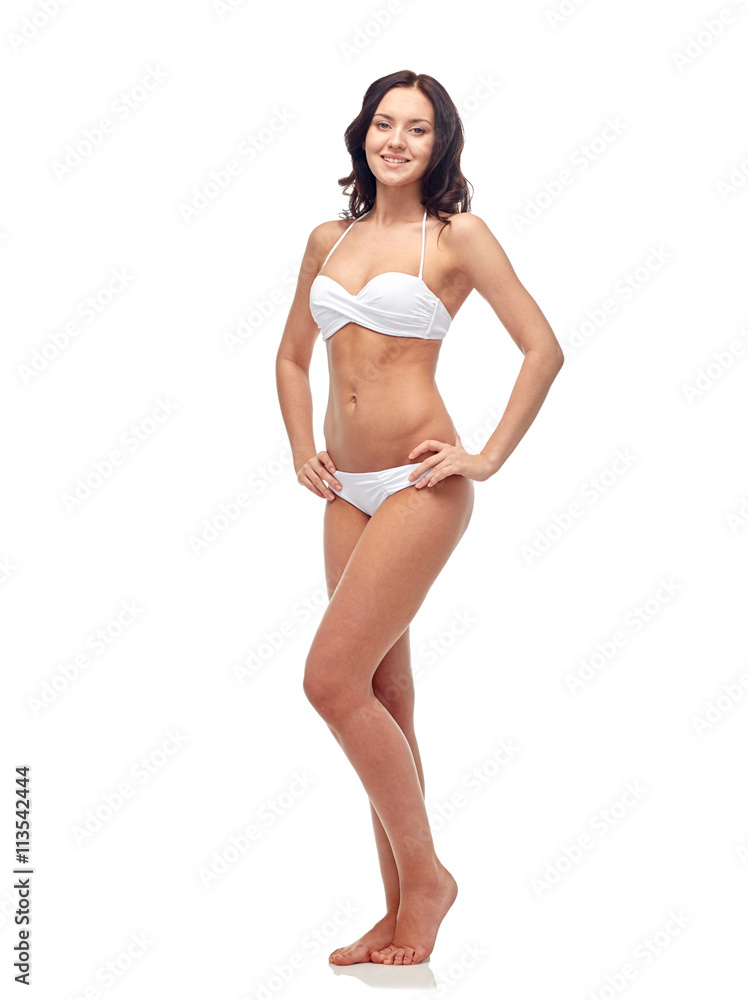 happy young woman in white bikini swimsuit happy young woman in white bikini swimsuit