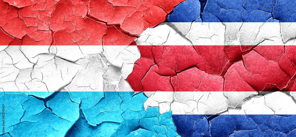 Luxembourg flag with Costa Rica flag on a grunge cracked wall