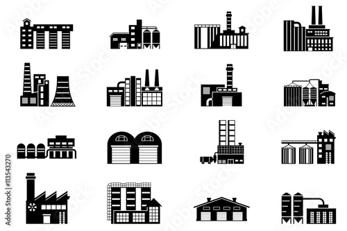 Industrial and manufacturing factory building. Monochrome vector icons