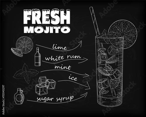 Nice mojito of ice cold glass on a black background. Soda with w