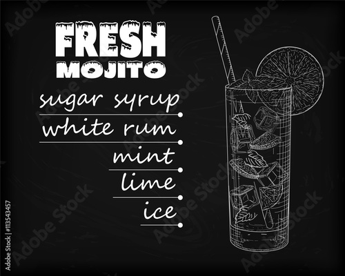 Nice mojito of ice cold glass on a black background. Soda with w