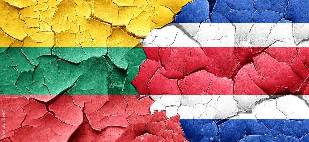 Lithuania flag with Costa Rica flag on a grunge cracked wall