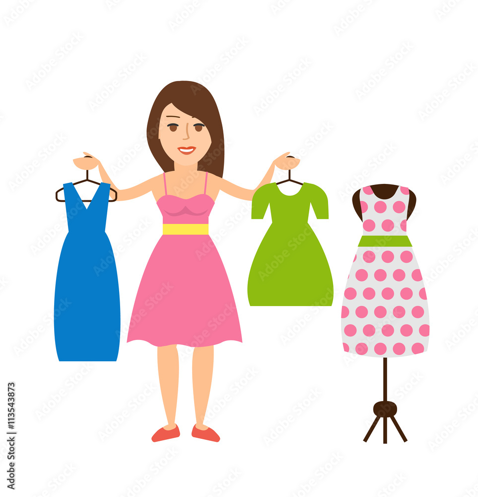 young beautiful woman choosing a dress isolated on white background young beautiful woman choosing a dress isolated on white background