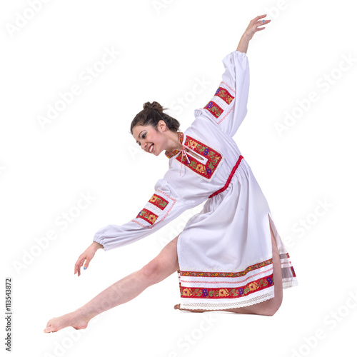 girl in polish national traditional costume posing, full length portrait against isolated white background