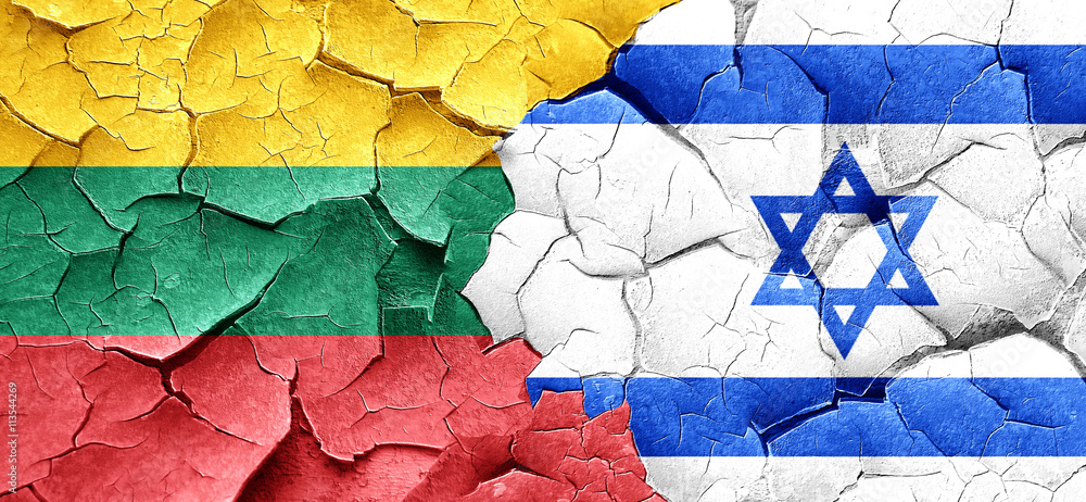 Lithuania flag with Israel flag on a grunge cracked wall