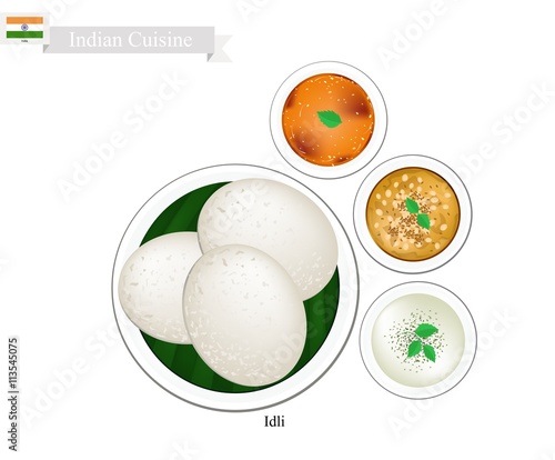 Idli or Indian Rice Cake with Sambar and Coconut Chutney