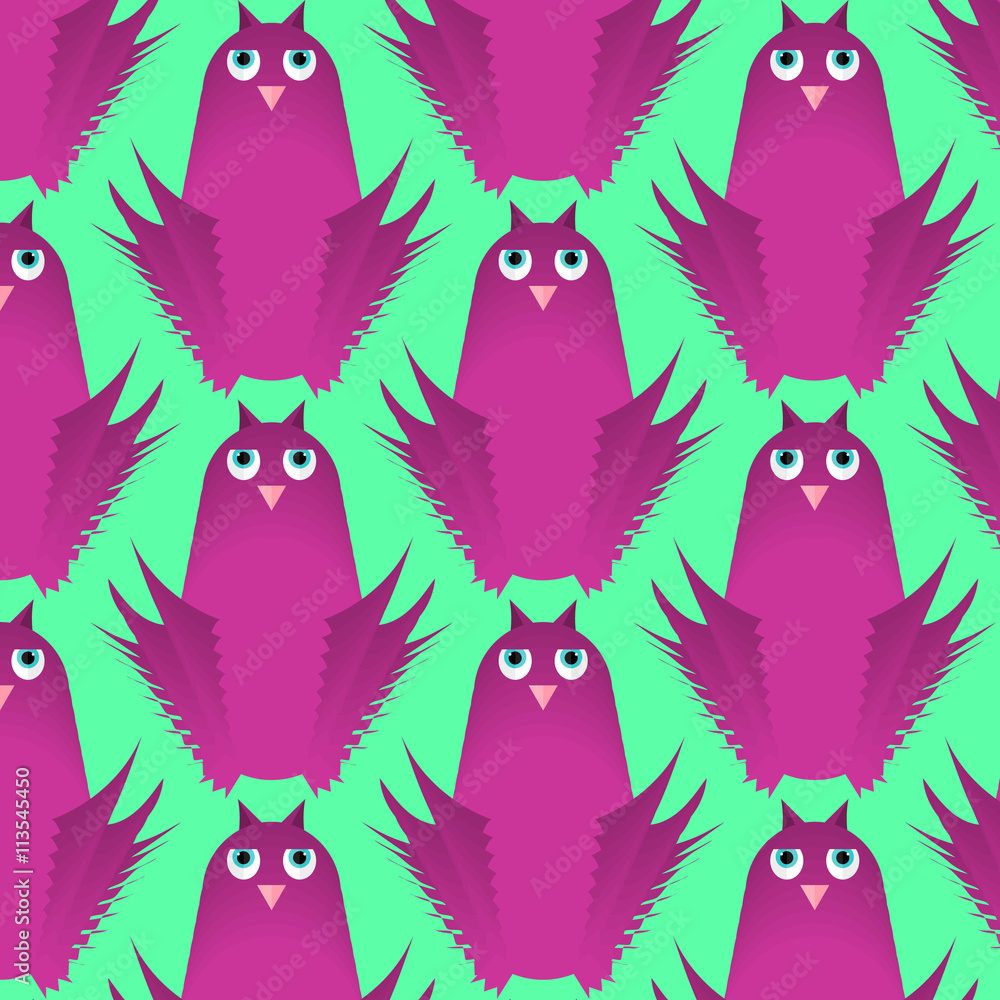 Fotografie Vector childlike cute flat design pattern background with funny owl birds,wallpa