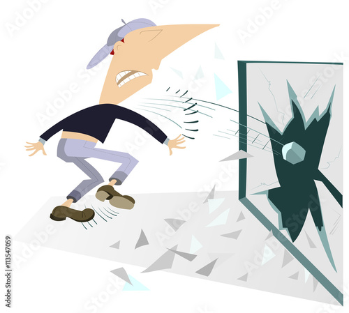 Riots. Angry man breaks the window by stone

