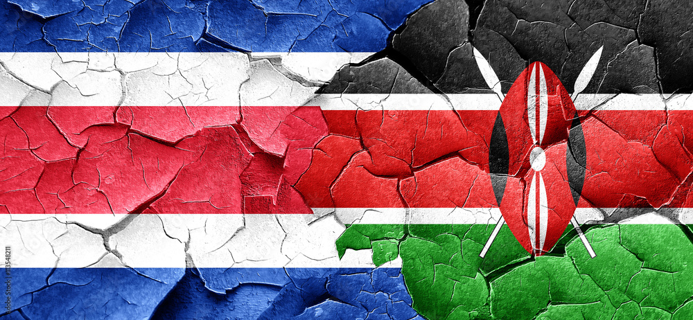 Costa Rica flag with Kenya flag on a grunge cracked wall Costa Rica flag with Kenya flag on a grunge cracked wall