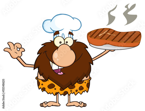 Chef Male Caveman Cartoon Mascot Character Holding Up A Platter With Big Grilled Steak And Gesturing Ok