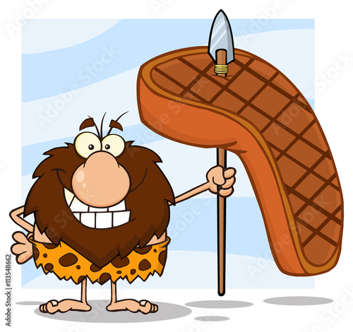 Smiling Male Caveman Hunter Cartoon Mascot Character Holding A Spear With Big Grilled Steak. Illustration Isolated On White Background