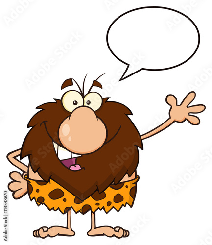 Happy Male Caveman Cartoon Mascot Character Talking And Waving