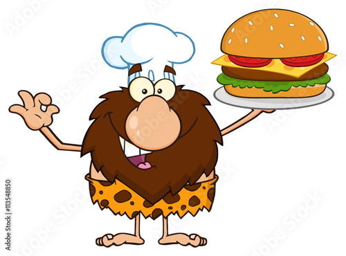 Chef Male Caveman Cartoon Mascot Character Holding A Big Burger And Gesturing Ok