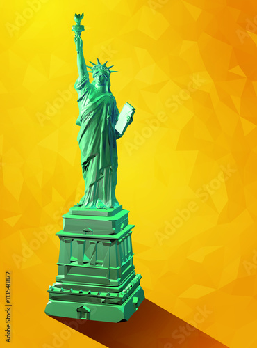 Low poly 3D liberty statue illustration on yellow background