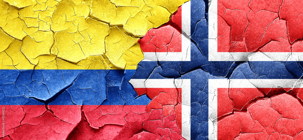 Colombia flag with Norway flag on a grunge cracked wall