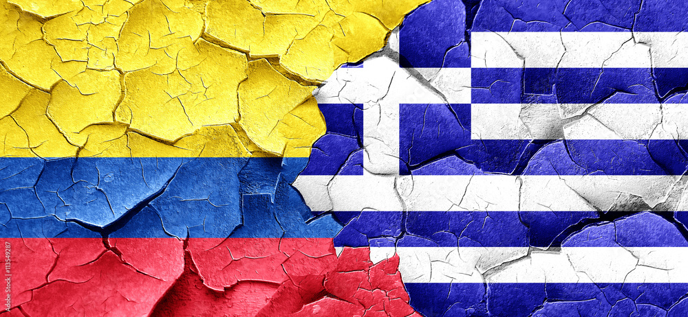 Colombia flag with Greece flag on a grunge cracked wall