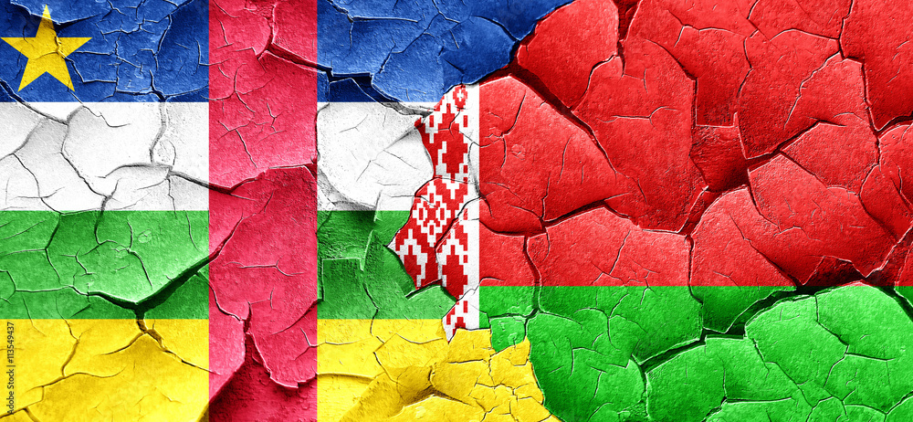 Central african republic flag with Belarus flag on a grunge crac