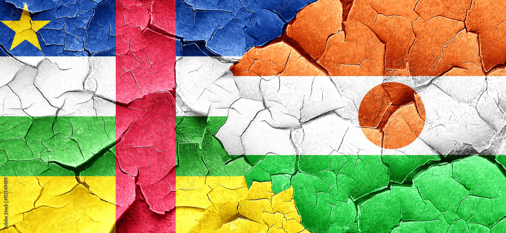 Central african republic flag with Niger flag on a grunge cracke