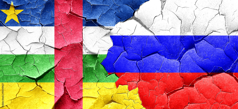 Central african republic flag with Russia flag on a grunge crack