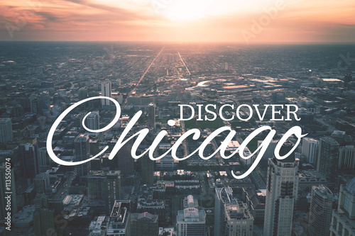 Chicago downtown cityscape with skyscrapers, aerial or bird-eyes view, cloudy day. Evening time, sunset. Illinois, USA.