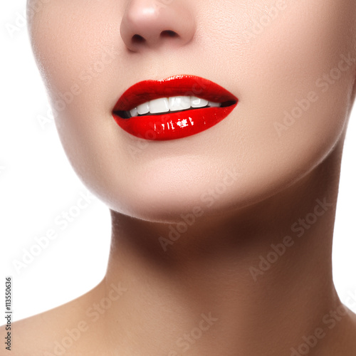 Perfect smile with white healthy teeth and red lips  dental care