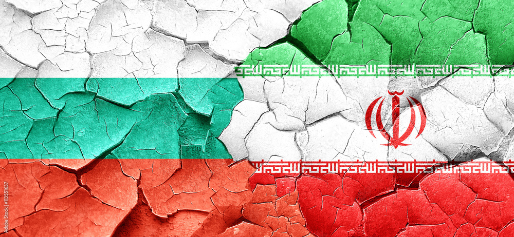 bulgaria flag with Iran flag on a grunge cracked wall