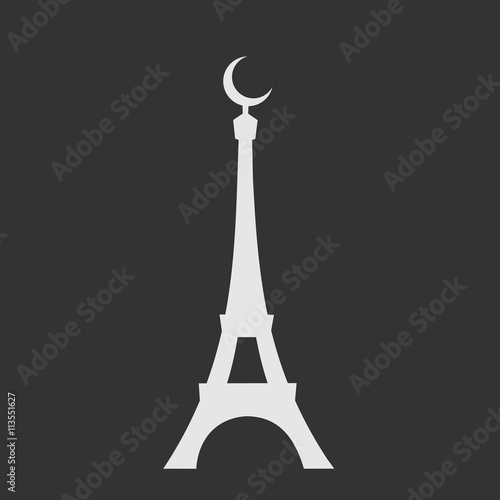 Eiffel tower with crescent symbol on the top. Metaphor of Islam as predominant religion and culture in France. Believers of islam, Muslims, as majority in french society