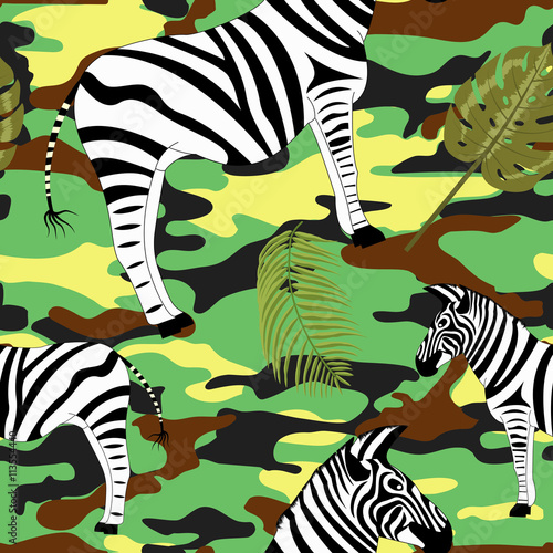 Zebra palm leave on the military background vector pattern, seamless