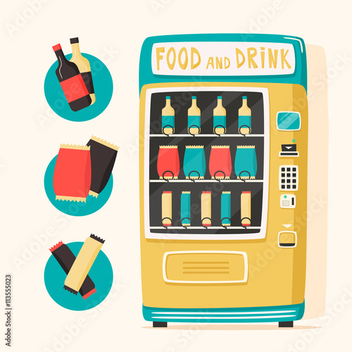 Vintage vending machine with food and drinks. Retro style