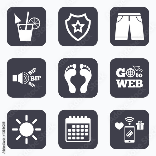 Beach holidays icons. Cocktail, human footprints