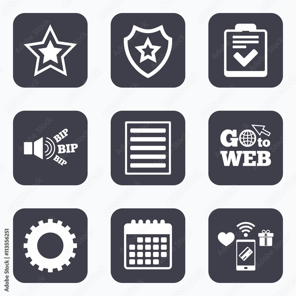 Star and menu list signs. Checklist, gear. Star and menu list signs. Checklist, gear.