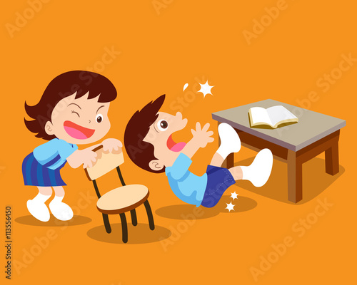Student Girl pulled a chair from friend.