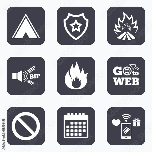 Tourist camping tent sign. Fire flame icons.