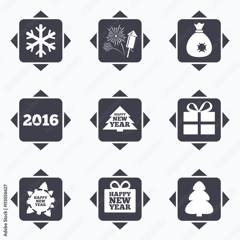 Christmas, new year icons. Gift box, fireworks. Christmas, new year icons. Gift box, fireworks.