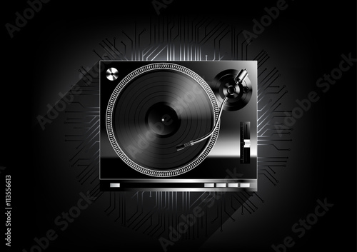 Vinyl record player turntable on black background and long shadow with technology concept, Vector