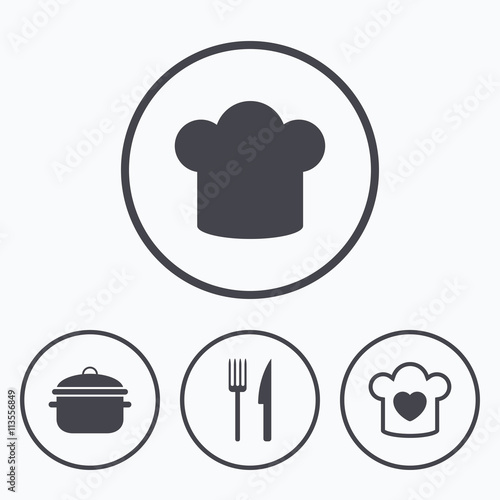 Chief hat, cooking pan icons. Fork and knife.