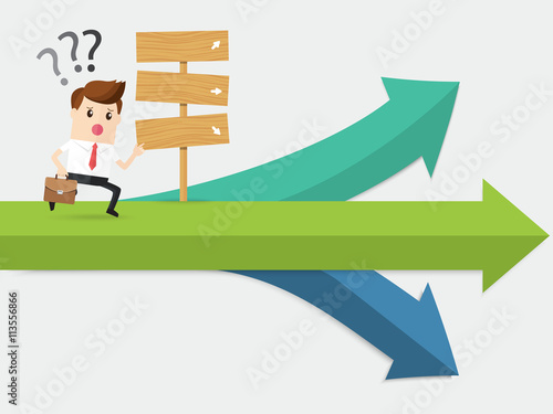 businessman running at confused crossroad. where next pathway