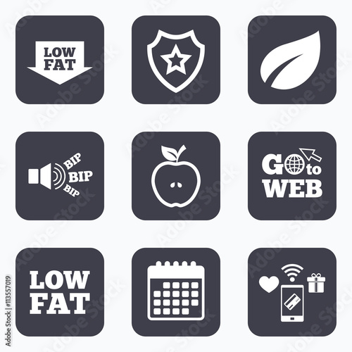 Low fat icons. Diets and vegetarian food signs.