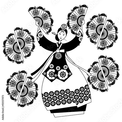 Woman performing traditional Korean fan dance. Korean tradition. Black and white. 