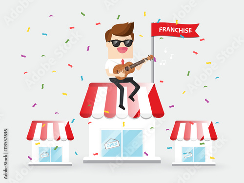 it is time to open your business. businessman playing ukulele in grand opening franchise business day