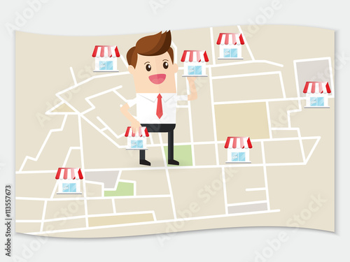 businessman planning expansion franchise business in urban map