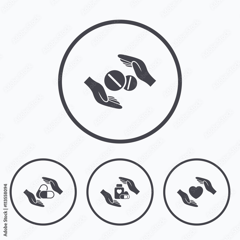 Hands insurance icons. Health medical pills. Hands insurance icons. Health medical pills.