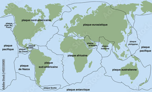 Plate tectonics- FRENCH TERMS! - planet earth with major an minor plates - vector illustration.