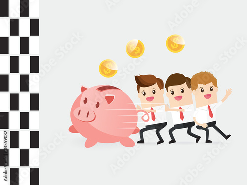 teamwork of businessman pushing piggy bank to finish line