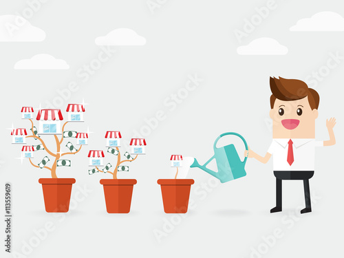 businessman watering franchise trees growing bigger in pots like growth business investors. increase branches and earning