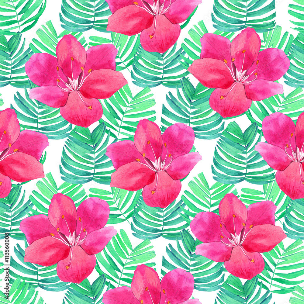 Seamless background with watercolor tropical leave and flowers. 