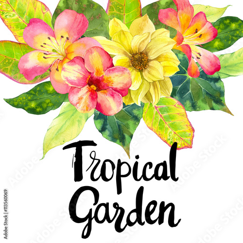 Illustration with realistic watercolor flowers. Tropical garden. 