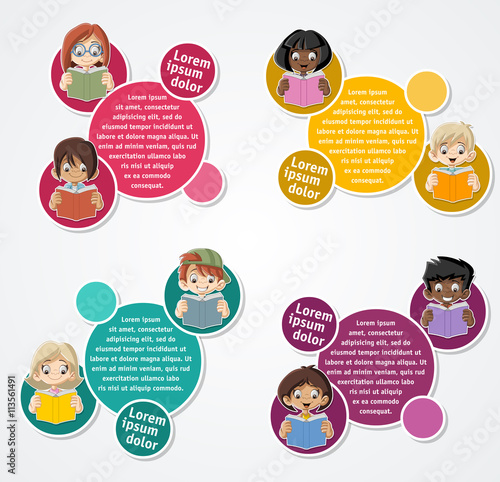 Template with cartoon student children reading books. Students.

